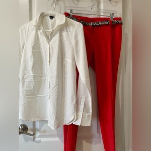 Ann Taylor White Long Sleeve TopOrange/Red Pants + a Bonus Zebra Belt